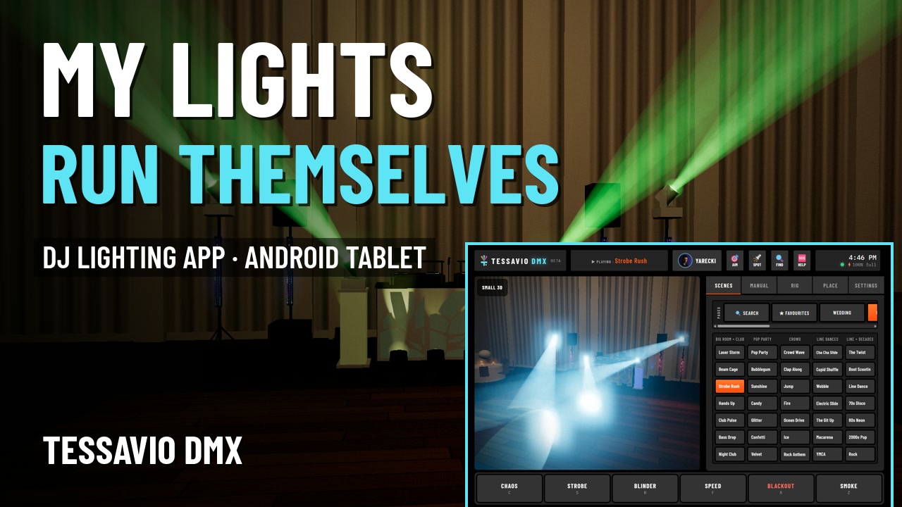 Tessavio DMX: the app on a tablet in front of moving-head beams in the app's 3D view