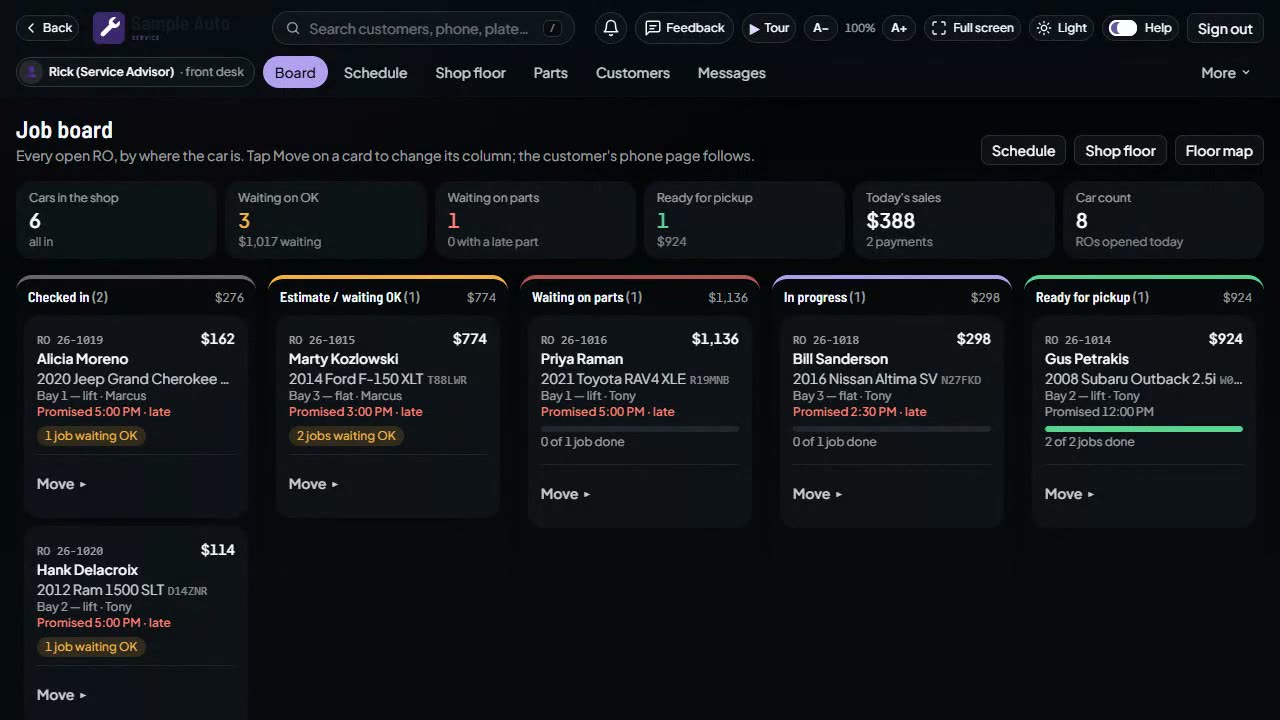Tessavio Auto shop board with repair orders and payment status