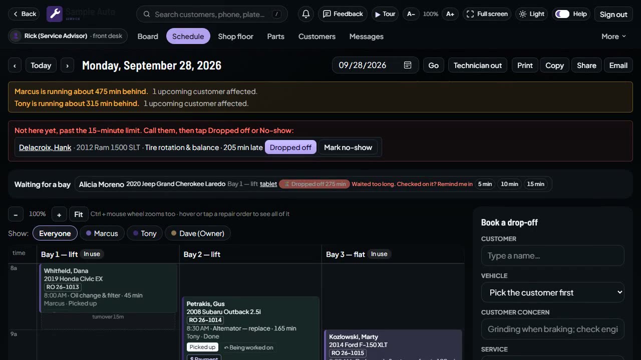 Tessavio Auto, the repair-order board of a shop management system